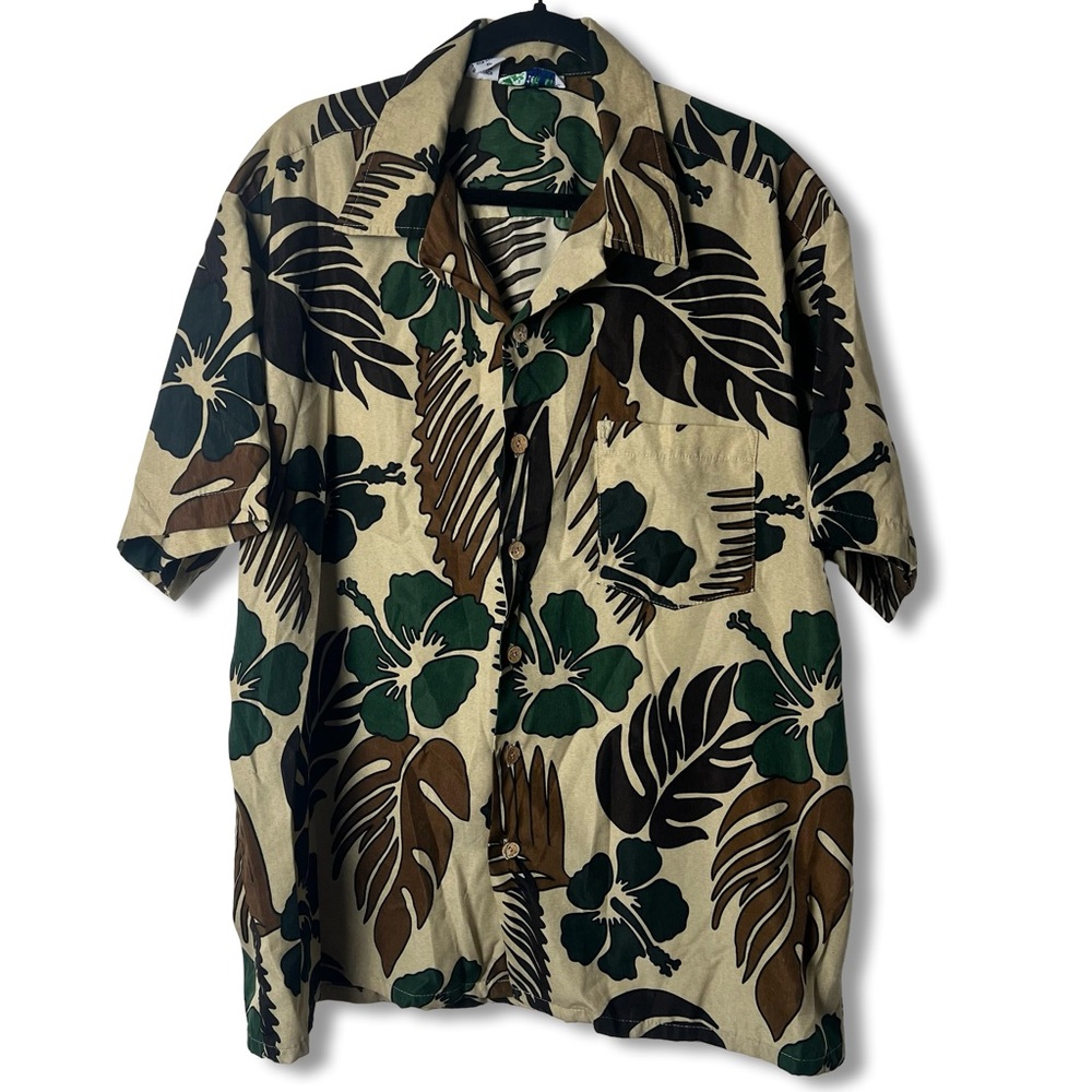 ten2one Hawaiian Men Camo Tropical Hibiscus Monstera Aloha Camp Shirt Tan Sz. XL